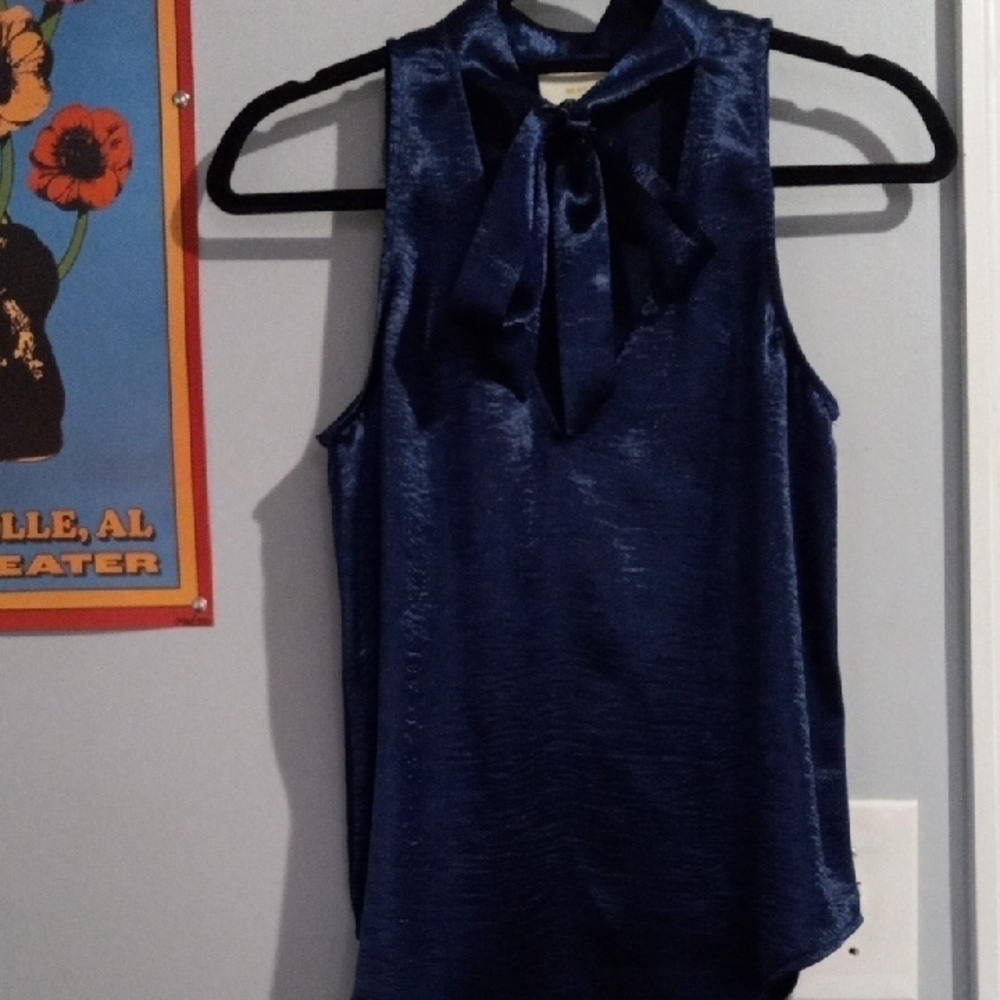 Anthropologie Maeve Navy Satin Tie Neck Sleeveless Swing Blouse Top 2P - Picture 5 of 16